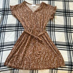 French Gray brown floral belted dress size small